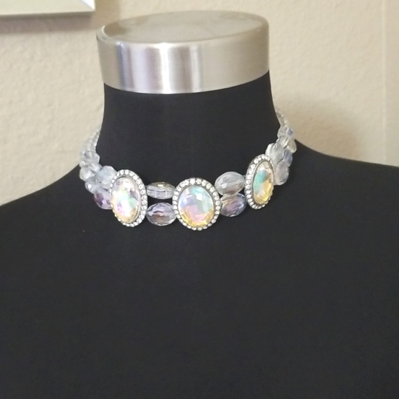 Silver Glass Bead Oval Choker Necklace - Picture 1 of 4